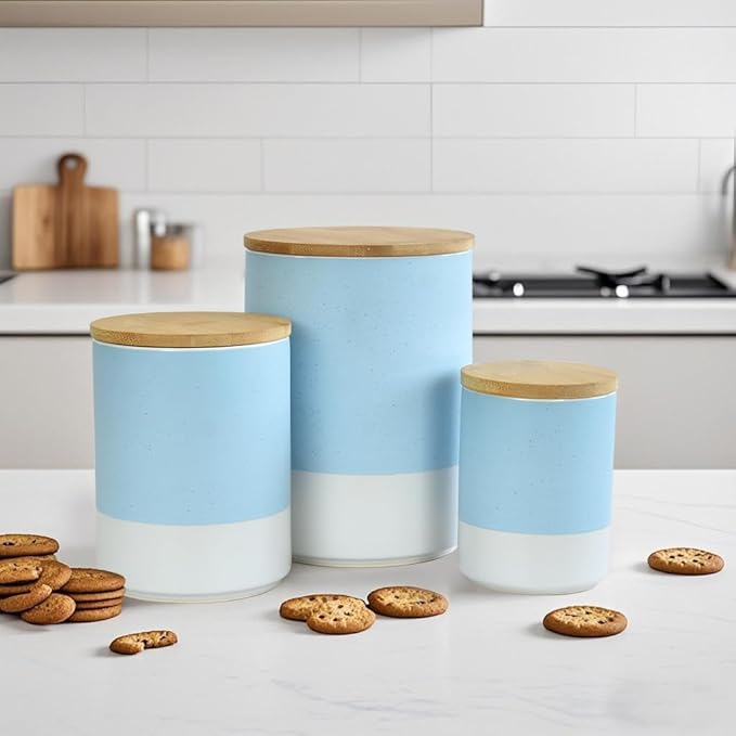 Food Storage Jars with Airtight Wood Lids，3-Pack Ceramic Canister Set for Flour Cereal Sugar Tea Coffee Beans Snacks– Modern Container Kitchen Pantry Storage Jar(Blue)