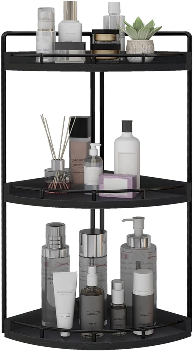 Dorhors 3-Tier Corner Bathroom Organizer Countertop for Storage,Vanity Tray,Wood Counter Organizer for Kitchen,Bathroom,Dresser (Black)