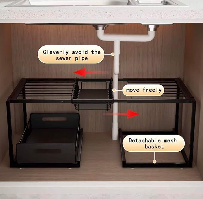 2-Tier Under Sink Slide-Out Storage Organizer, Metal Pull-Out Cabinet Drawer for Kitchen & Bathroom (Black)