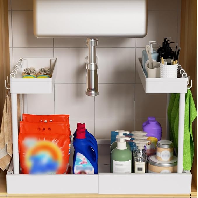 Expandable Pull Out Cabinet Organizer - Adjustable Width 12-18" & Depth 13-23", 3-Rail Heavy Duty Slide Out Drawer, No-Drills Adhesive Mount, Fits Lip & Lip-Free Cabinets (White)