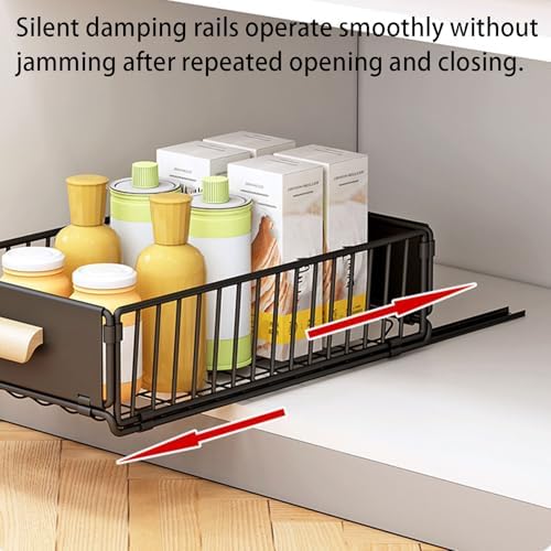 2 Pack Pull Out Cabinet Organizer No Drilling with Adhesive Strips, Silent Full Extension Slides, Slide Out Drawer for Kitchen/Bathroom Under Sink Storage Solutions