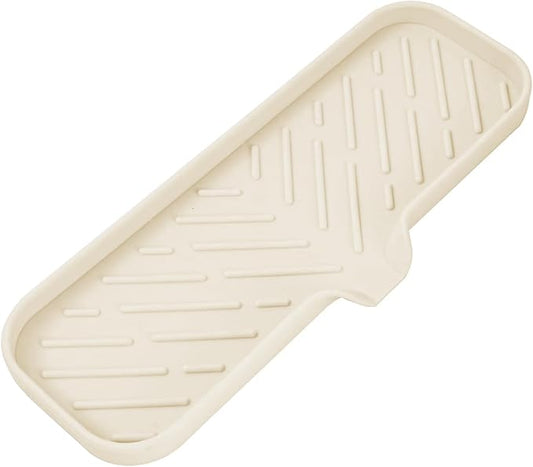 MicoYang Silicone Soap Dish with Drain Spout — Self-Draining Double Sink Organizer Tray for Kitchen & Bathroom, Dispensers, Sponges & Soap Holder, Non-Slip & Dishwasher Safe, Tapioca (Large, 12"×4")