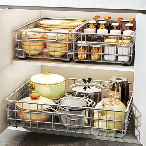 2 Pack Stainless Steel Pull Out Cabinet Organizer - No Drilling, Adhesive Mount, Silent Full Extension Slides for Kitchen, Pantry, and Bathroom Storage Solutions