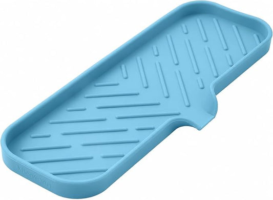 MicoYang Silicone Soap Dish with Drain Spout — Self-Draining Double Sink Organizer Tray for Kitchen & Bath, Dispensers, Sponges & Soap Holder, Non-Slip & Dishwasher Safe, Light Blue (Large, 12"×4")