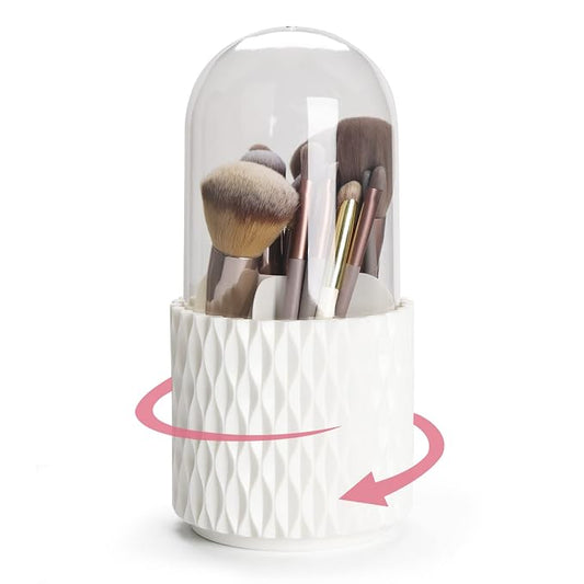 Makeup Brush Holder Organizer with Lid -360° Rotating Dustproof Make Up Brushes Container with Clear Acrylic Cover, Spinning Cosmetics Holders Storage Cup with 5 Compartment