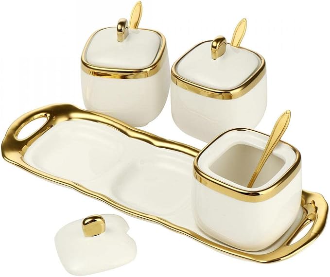Porcelain Condiment Jar Spice Container with Tray Ceramic Serving Spoon and Lid, Spice Sugar Ceramic Condiment Pot Creative Seasoning Box for Your Home, Kitchen, Counter (White)