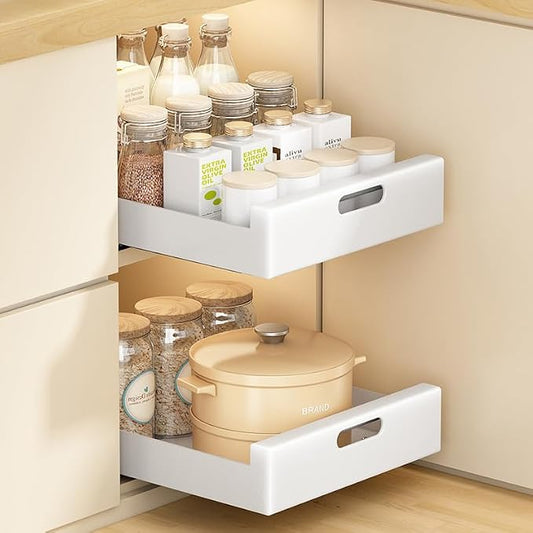 Pull Out Cabinet Organizer, 16.9 Deep Slide Out Drawers with Adhesive Nano Film No Drill Roll Out Shelf for Kitchen Cabinets Pantry Bathroom (White)