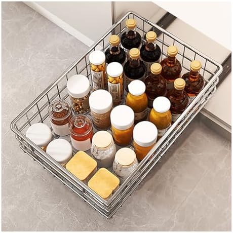 2 Pack Stainless Steel Pull Out Cabinet Organizer - No Drilling, Adhesive Installation, Silent Full Extension Slides for Kitchen, Pantry, Bathroom Storage Solutions