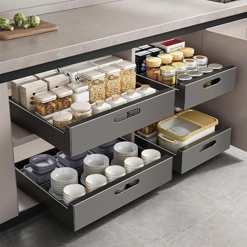 2PCS Heavy Duty Pull Out Cabinet Shelves - Drill-Free Slide Out Storage Drawers for Kitchen & Bathroom - 40cm Black Solution，Black 40cm