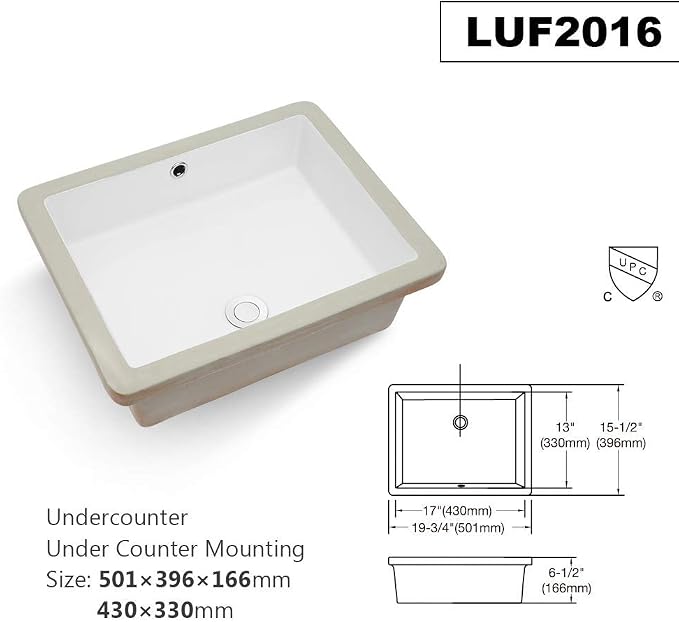 Lordear Undermount Bathroom Sink 20x16 Inch Undermount Rectangle White Porcelain Ceramic Bathroom Lavatory Vanity Sink Basin with Overflow