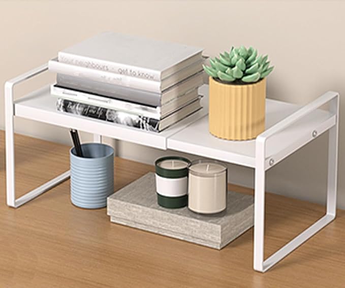 Expandable Cabinet Shelf Organizer Adjustable Storage Rack Stackable Metal Home Organization for Kitchen Pantry Spice Cupboard Under Sink Countertop - White, 1 Pack
