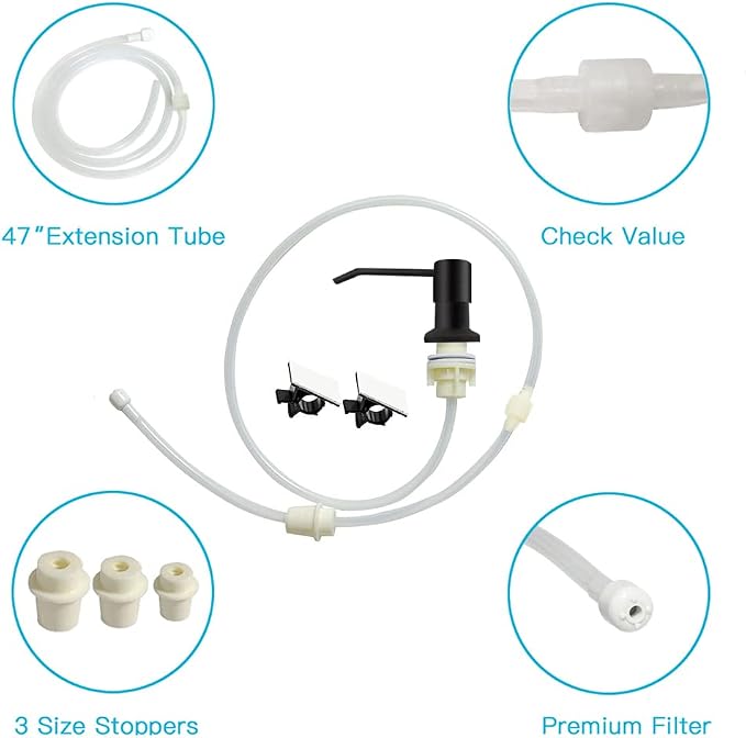OHiHi Dish Soap Dispenser for Kitchen Sink, Countertop Sink Soap Dispenser Water Pump with 47” No-Spill Extension Tube Kit Design for Kitchen Bathroom, Easy to Press, No More Refills （Black）