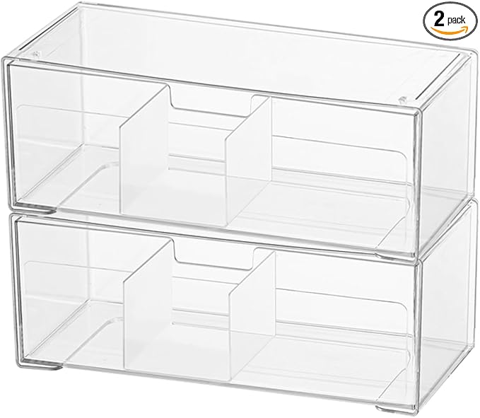 Medicine Cabinet Drawer Organizer Set, 2-Tier Stackable Storage Drawers for Small Bathroom Mirror Toilet Wall Garage Vanity Cabinet - Clear