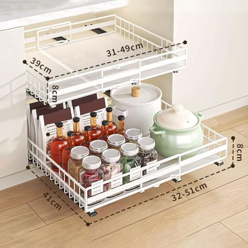 Expandable Pull Out Cabinet Organizer (31-51cm) - Slide Out Drawer with 3 Rails, Easy Adhesive/Screw Installation, No Drill Roll Out Shelves for Kitchen Storage.