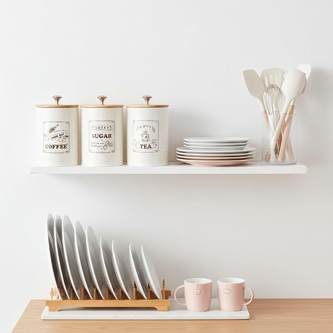 Youeon Metal Canisters Sets for the Kitchen, 40 Oz Coffee Sugar Tea Container Set, Farmhouse Style, Food Storage Containers with Lids for Countertop, Cabinet, Coffee Bar Decor, Beige