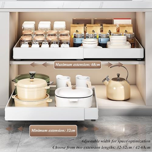 Under Sink Organizer 2 Pack - Expandable Pull-Out Sliding Drawers for Bathroom & Kitchen, Adjustable Length Multi-Purpose Roll-Out Shelf for Efficient Storage Solutions