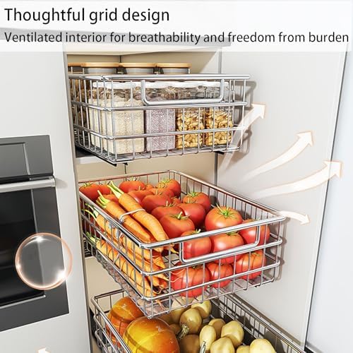 2 Pack Stainless Steel Pull Out Cabinet Organizer - No Drilling, Adhesive Installation, Silent Full Extension Slides for Kitchen, Pantry, Bathroom Storage Solutions