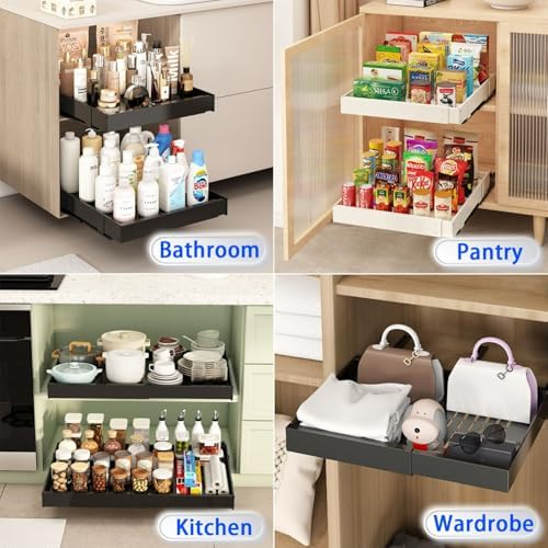 Expandable Pull-Out Pantry Organizer, Heavy-Duty Kitchen Slide-Out Shelves, Adjustable 12.6-20.4" Width, No-Drill Installation, Space-Saving Storage Solution (White)