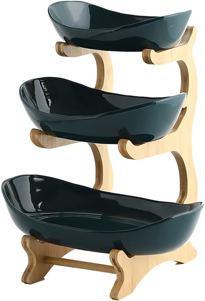 3 Tier Fruit Bowl With Bamboo Stand for Kitchen Counter,Ceramic Fruit Basket Large Capacity for Fruit Vegetable Storage,Snack Dessert Cake Tray Plate Rack for Party Wedding (Green)