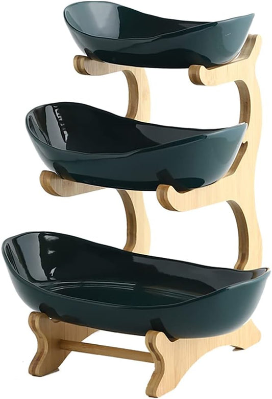3 Tier Fruit Bowl With Bamboo Stand for Kitchen Counter,Ceramic Fruit Basket Large Capacity for Fruit Vegetable Storage,Snack Dessert Cake Tray Plate Rack for Party Wedding (Green)