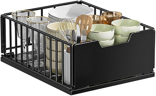 Pull Out Cabinet Organizer, Metal Slide Out Drawers for Kitchen Cabinets, Pantry Pull Out Shelves, Adjustable Drawers for Cupboard with Adhesive Film for Bathroom Black