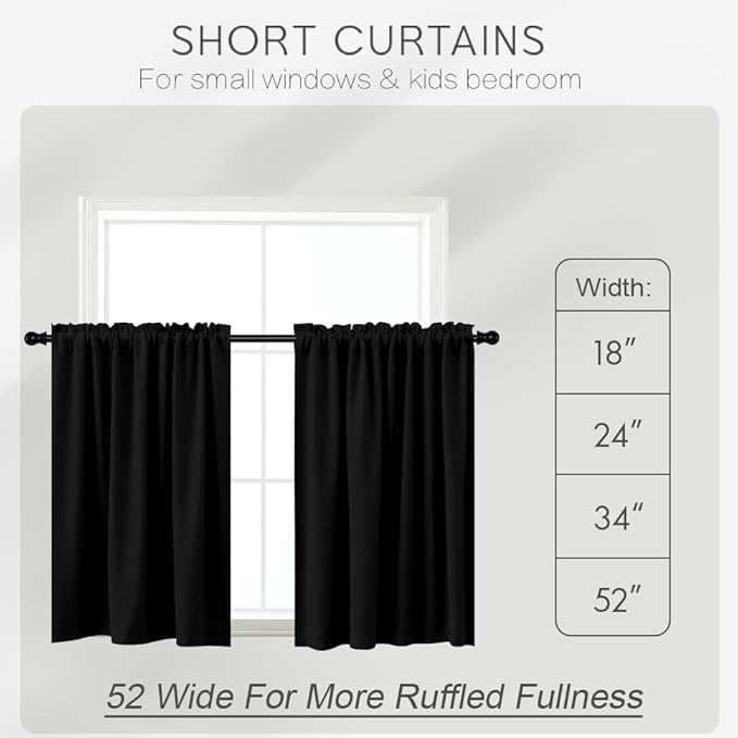 KOUFALL Short Blackout Curtains for Small Window - 20 Inch Thermal Insulated Mini Curtains for Summer Heat & Sun Blocking, 24 Inch Wide Half Curtains for Front Door Window & RV Camper, Black