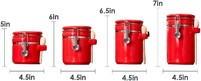 Canister Sets For The Kitchen (4 Piece Set) Red, High Gloss Ceramic | By Home Basics | Decorative | With Wooden Spoons, Countertop Set For Flour, Sugar, Coffee, and Snacks