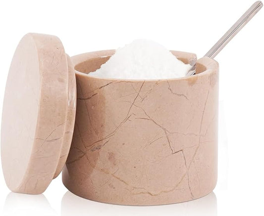 Marble Salt Cellar 3 Inch Beige Table Salt Containers for Countertop - Sugar Bowl With Lid, Salt Holder, Spice Jars, Salt Box for Seasoning Storage Container, Salt Dish for Kitchen Decor