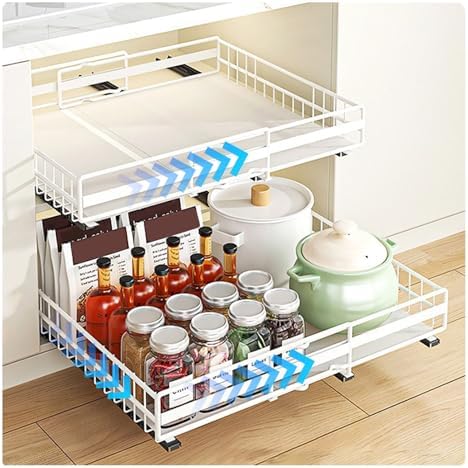 Expandable Pull Out Cabinet Organizer (31-51cm) - Slide Out Shelves with 3 Rails, Easy Adhesive/Screw Installation, No Drill Kitchen Storage Solution