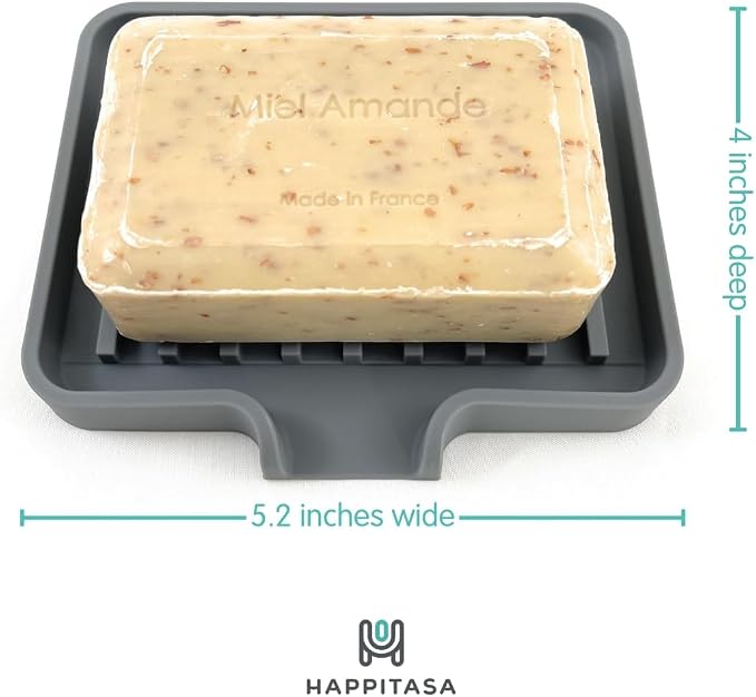 Silicone Soap Dish Tray and Sponge Holder with Drain Chute, Rectangular, Kitchen and Bathroom Sink Organizer (Light Grey, 5.2"x4" (Set of 2), 7.2 Ounces)
