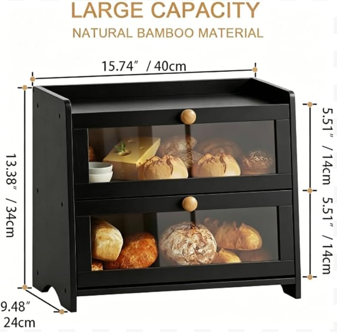 BAMBANG Bread Box for Kitchen Countertop, Extra Large Bamboo Bread Storage Container for Homemade Bread, Double Layer Breadox, Bread Bin Organizer for Counter Cabinet Pantry, Black