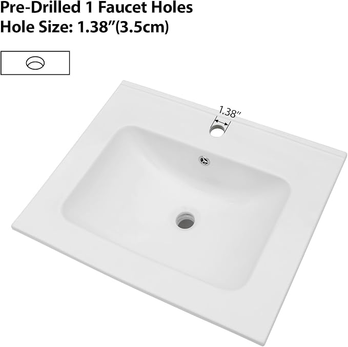 Lordear White Bathroom Sink One Hole Drop In 24 X 20 Inch One Holes Porcelain Ceramic Bathroom Vanity Top Sink Basin 24" Drop in Bathroom Sink
