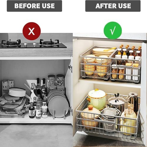 2 Pack Stainless Steel Pull Out Cabinet Organizer, No Drill Adhesive Storage Solution with Silent Full Extension Slides for Kitchen, Pantry, Bathroom Use