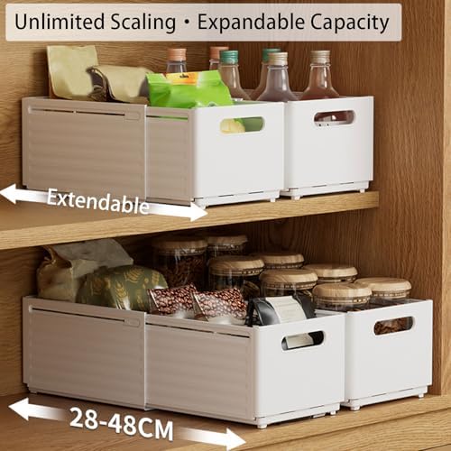 Extendable Pull-Out Cabinet Organizer, Depth Adjustable 28-48cm/11-19, Stackable Retractable Foldable Plastic Storage Bins - No Drilling, Ideal for Kitchen, Pantry & Bathroom