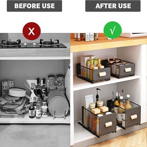 2 Pack Under Sink Pull Out Cabinet Organizer - No Drilling, Adhesive Strips, Silent Full Extension Slides for Easy Storage and Access - Slide Out Drawer Solution