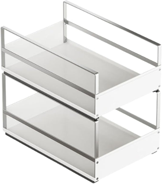 Pull Out Cabinet Organizer with Adhesive Nano Film, Heavy Duty Slide Out Pantry Shelves Drawer Storage, Under Sink Organizers for Bathroom, Kitchen (White,Stackable-11”W x 16.54”Dx 14.57”H)