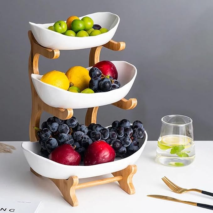 3 Tier Fruit Bowl With Bamboo Stand for Kitchen Counter,Ceramic Fruit Basket Large Capacity for Fruit Vegetable Storage,Snack Dessert Cake Tray Plate Rack for Party Wedding (White)