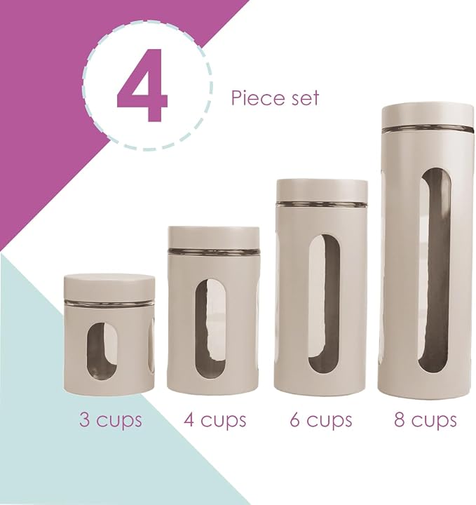 Retro Kitchen Canisters For Countertop (4 Piece Set) Grey By Home Basics - Glass with Metal Finish; See-Through Windows; Great For Flour, Coffee, Sugar, Dry Ingredients, Snacks