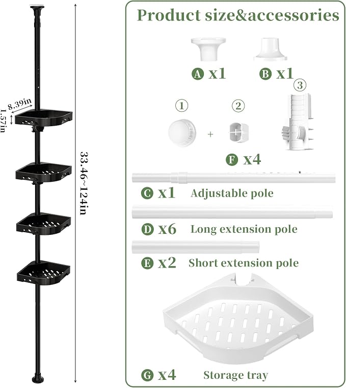 akinbas Tension Pole Shower Caddy Organizer with 4 Tier L-Shaped Rust Resistant Bathroom Corner Shelves with 34-124 Inch Adjustable No Drilling Quick Install Shower Rack for Bath Essentials (Black)