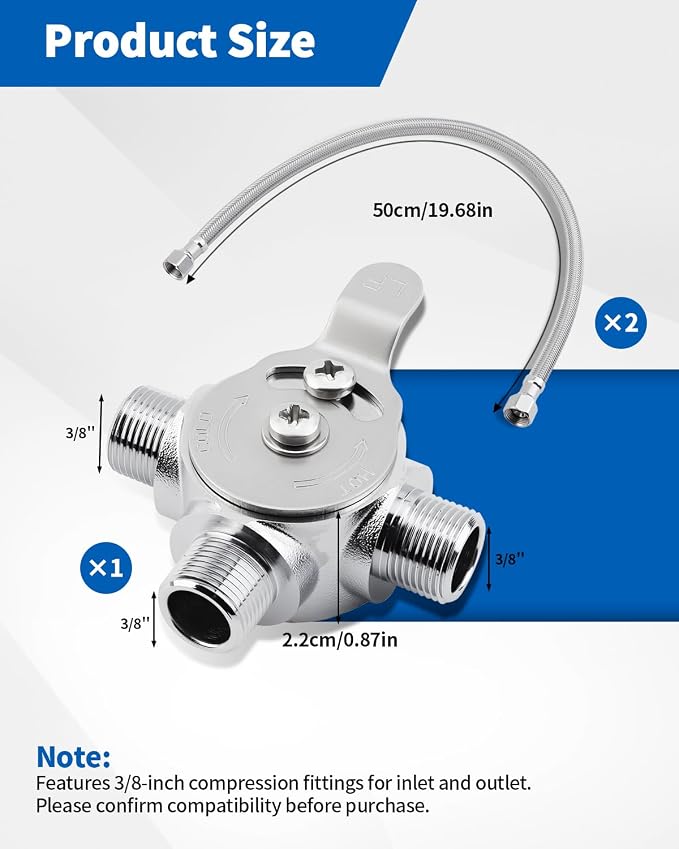 3/8" Manual Mixing Valve Hot Cold Water Temperature, Brass Water Mixing Valve with 2 Braided Faucet Connector, for Home and Bathroom Below Deck to Adjust Water Temperature