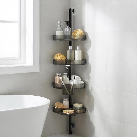 Corner Shower Caddy Extendable Rustproof Shower Organizer Adjustable 4-Tier Bathroom Shelves Anti-Tipping Bathtub Shampoo Storage Floor Standing Bath Rack 45-75 Inch No-Drill Quick Installation