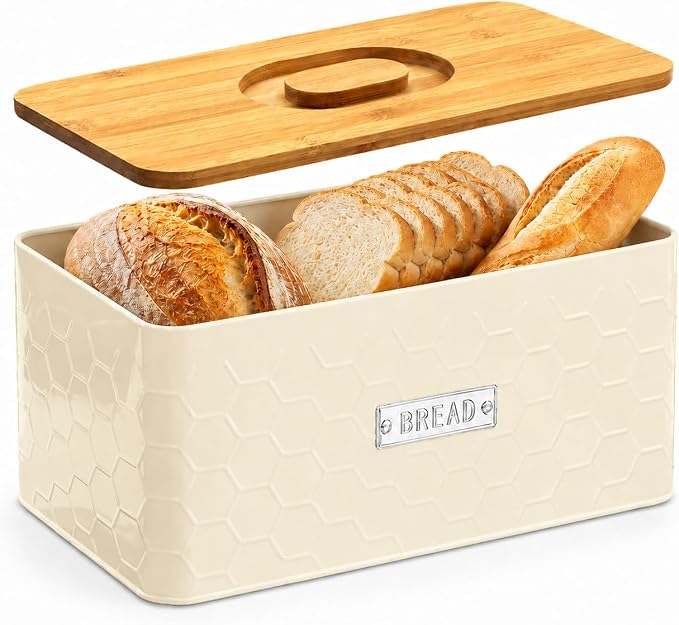 vensovo Bread Box for Countertop – Large Cream White Metal Bread Bin with Bamboo Cutting Board Lid, Farmhouse Bread Storage Container for Homemade Bread, Baked Goods & Kitchen Counter Organization