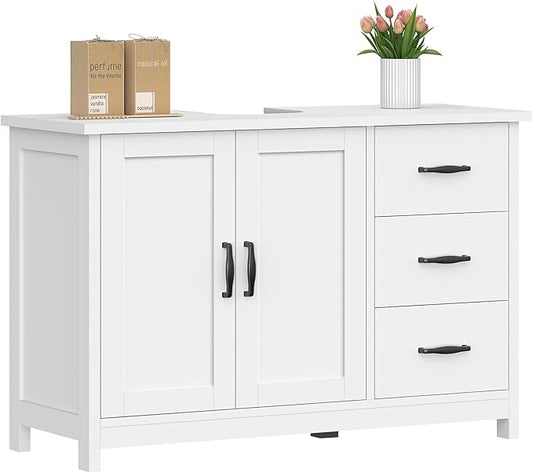 TEENFON Pedestal Sink Storage Cabinet with 2 Doors & 3 Drawers, Bathroom Sink Cabinet, Under Sink Storage with U-Shape Cut-Out, White