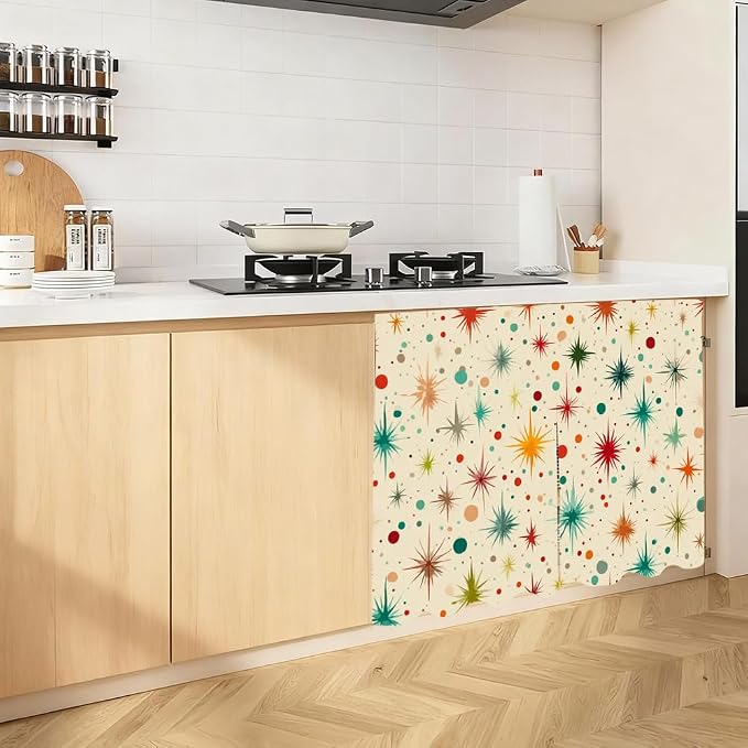 Self Adhesive Retro Starburst Cabinet Curtain for Mother's Day, 39x28 Inch Mid-Century Modern Under Sink Skirt No Drill, Spring Cleaning Kitchen Decor, Hook and Loop Valance