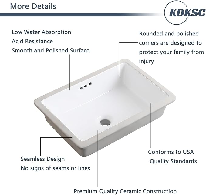 20 Inch Undermount Bathroom Sink Rectangular Undermount Sink White Ceramic Under Counter Bathroom Sinks with Flat Overflow Type (19.8"x 13.7")