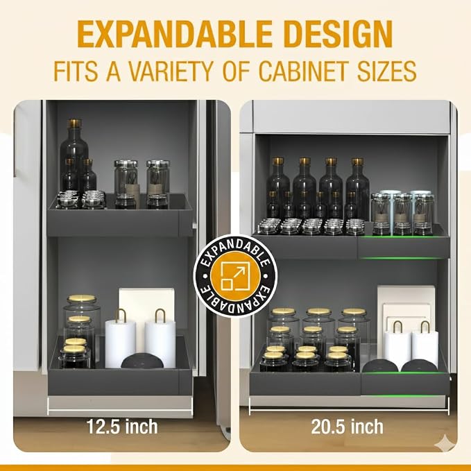Expandable Pull Out Drawers for Cabinets(Gray) : Kitchen and Pantry Organizer, Sliding Cabinet Organizer with Adhesive, Under Sink and Pots Storage, Depth 16.5". expandable pull out cabinet organizer