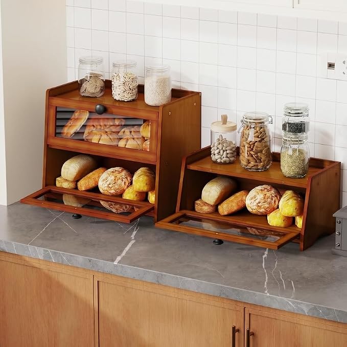 BAMBANG Bread Box for Kitchen Countertop, Bamboo Bread Box for Homemade Bread, Wooden Farmhouse Bread Storage Container, Large Breadbox Bread Bin Organizer for Counter Cabinet Pantry, Brown