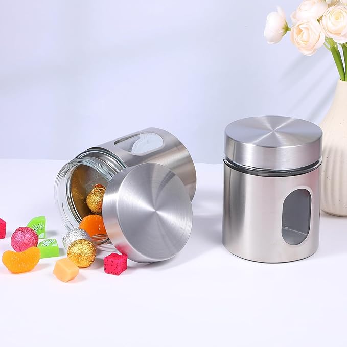 4 Pieces Kitchen Canisters Set 20 oz Stainless Steel Glass Canisters Airtight Coffee Sugar Tea Candy Jars Food Storage Container with Lid for Flour Cookies Spices Grains Kitchen Baking Home Decoration