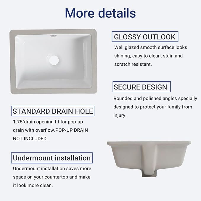 16in Undermount Bathroom Sink Rectangular, 15.7" x11.8" Small Vessel Sink Rectrangle Undermount Bathroom Sink White Ceramic Lavatory Vanity Vessel Sink with Overflow