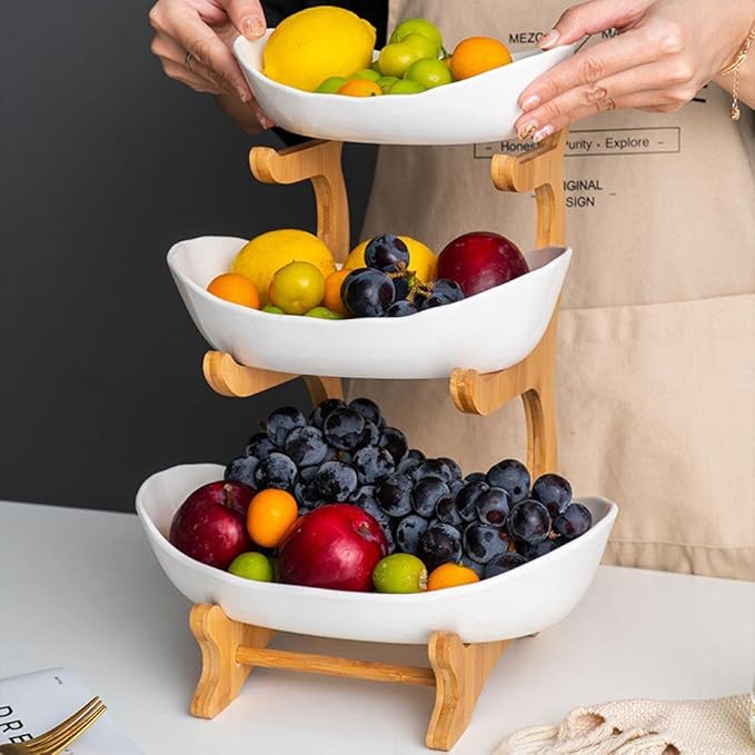 3 Tier Fruit Bowl With Bamboo Stand for Kitchen Counter,Ceramic Fruit Basket Large Capacity for Fruit Vegetable Storage,Snack Dessert Cake Tray Plate Rack for Party Wedding (White)